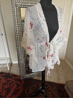 Sheer White Floral Tie-Front Kimono